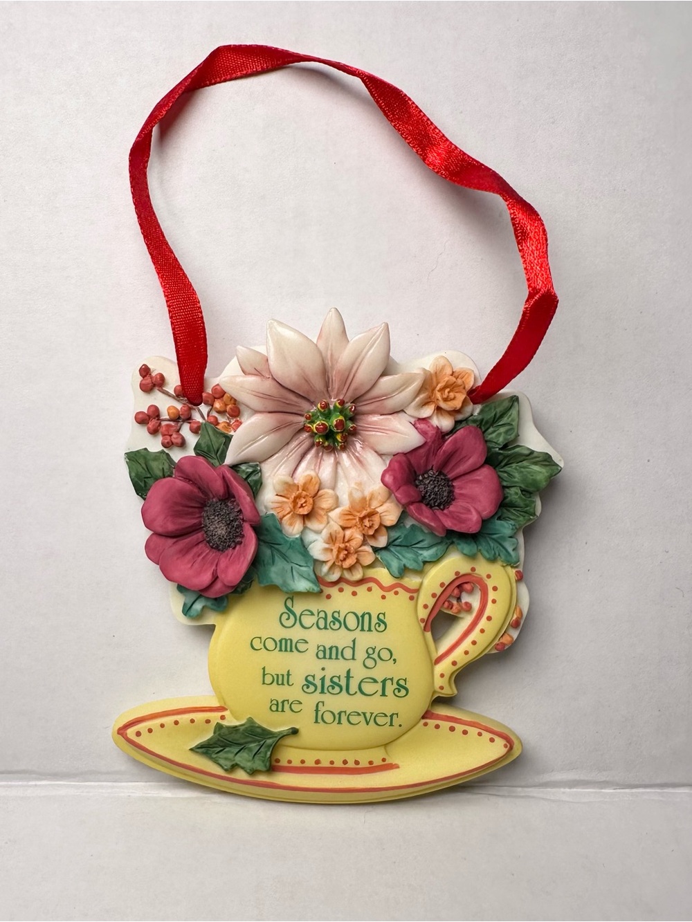 VTG Cottage Grandmacore Wall Decor Ornament Floral Tea Cup Sisters Are Forever